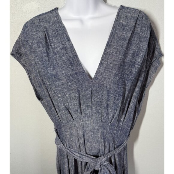 Max Studio Womens Chambray Dress Large Linen Blend V-Neck Coastal Cottagecore - Picture 3 of 12